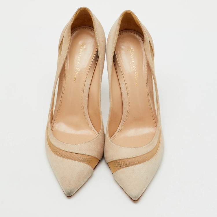 Pre Owned Gianvito Rossi Beige Suede and Mesh Pointed Toe Pumps Size 39.5