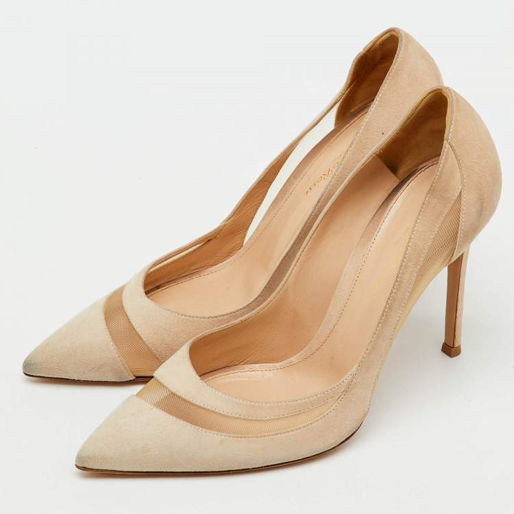 Pre Owned Gianvito Rossi Beige Suede and Mesh Pointed Toe Pumps Size 39.5