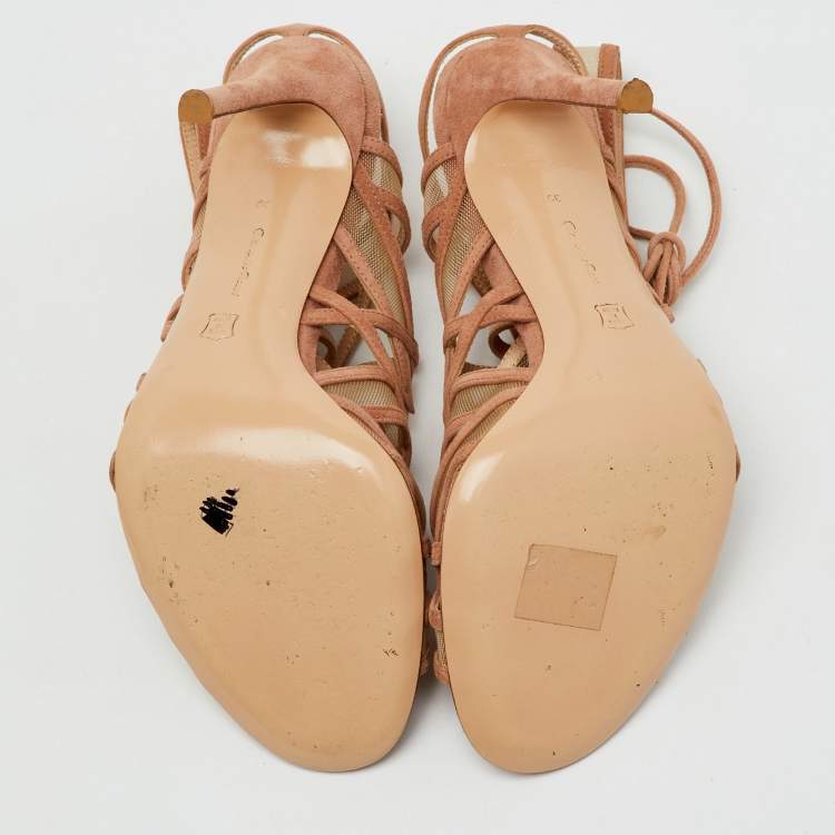 Pre Owned Gianvito Rossi Beige Suede and Mesh Cage Adria Sandals Size 39