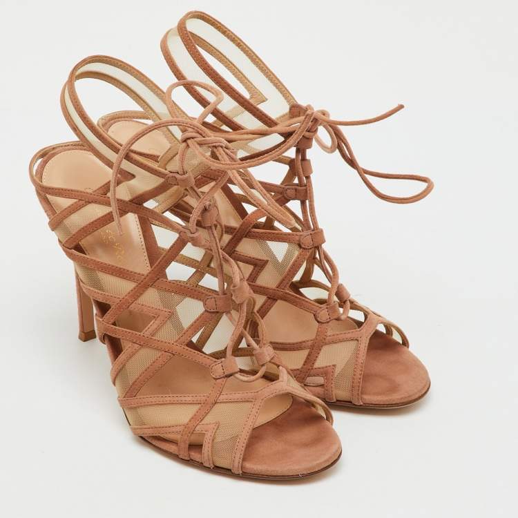 Pre Owned Gianvito Rossi Beige Suede and Mesh Cage Adria Sandals Size 39