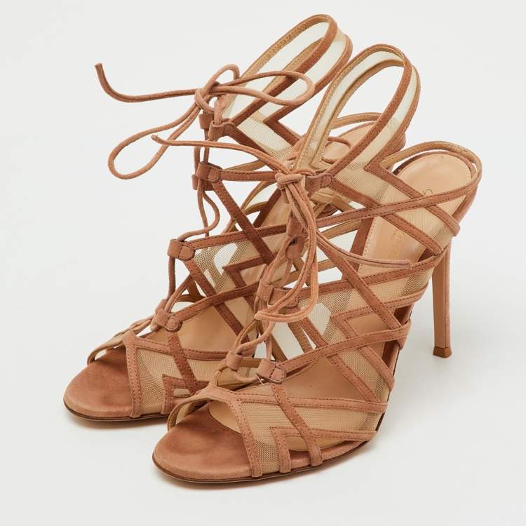 Pre Owned Gianvito Rossi Beige Suede and Mesh Cage Adria Sandals Size 39