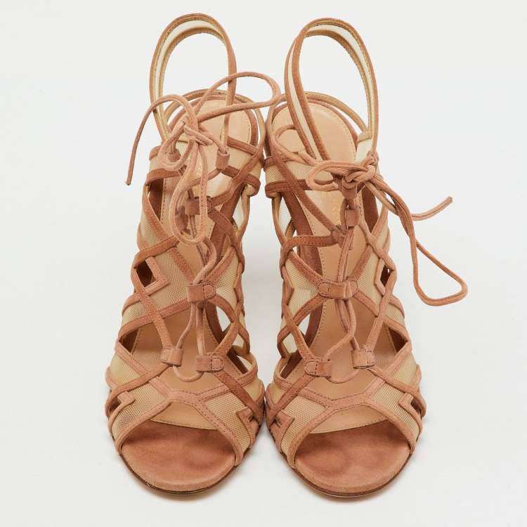 Pre Owned Gianvito Rossi Beige Suede and Mesh Cage Adria Sandals Size 39