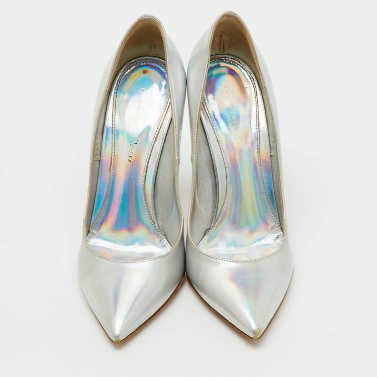 Pre Owned Gianvito Rossi Silver Holographic Leather Pointed Toe Pumps Size 36.5