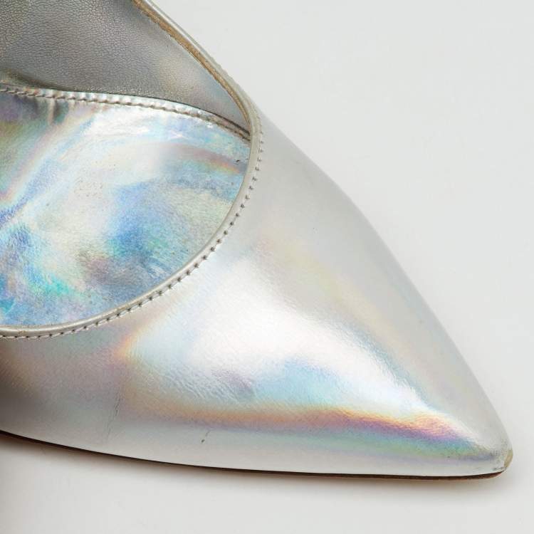 Pre Owned Gianvito Rossi Silver Holographic Leather Pointed Toe Pumps Size 36.5