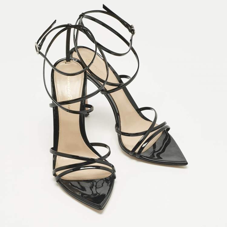 Pre Owned Gianvito Rossi Black Patent Leather Kim Ankle Strap Sandals Size 38.5