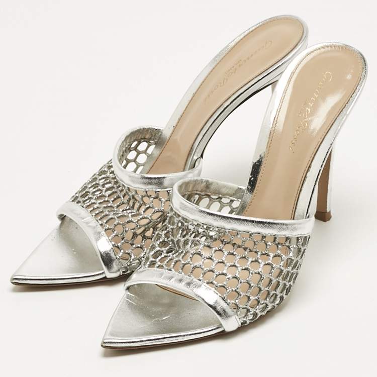 Pre Owned Gianvito Rossi Silver Leather and Metallic Mesh Alisia Slide Sandals Size 39