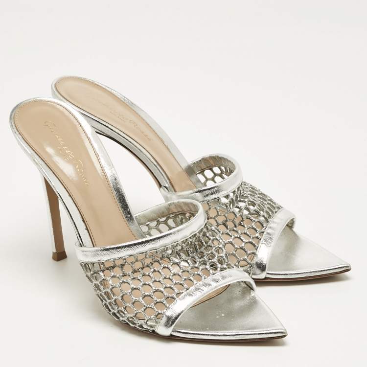 Pre Owned Gianvito Rossi Silver Leather and Metallic Mesh Alisia Slide Sandals Size 39