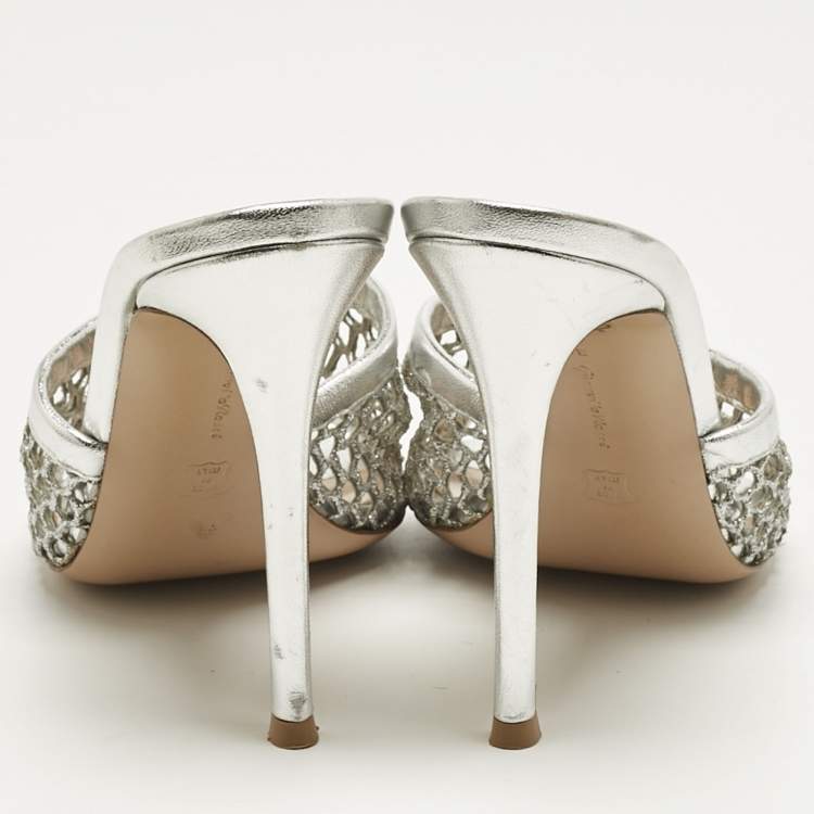 Pre Owned Gianvito Rossi Silver Leather and Metallic Mesh Alisia Slide Sandals Size 39