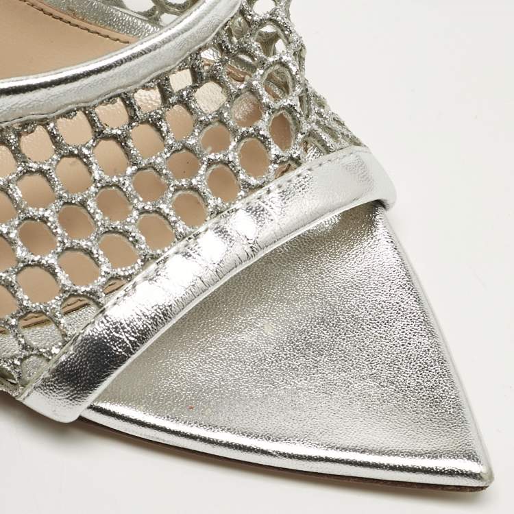 Pre Owned Gianvito Rossi Silver Leather and Metallic Mesh Alisia Slide Sandals Size 39