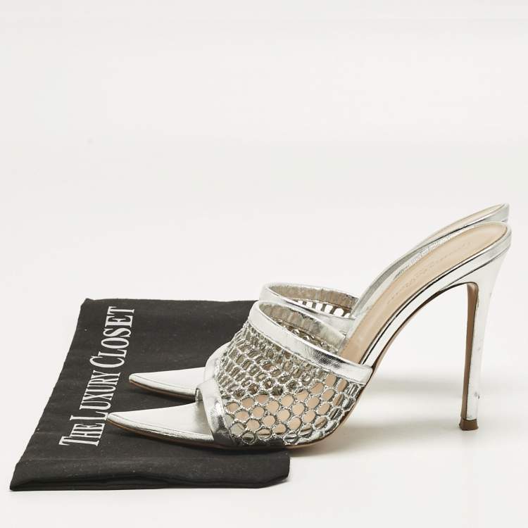 Pre Owned Gianvito Rossi Silver Leather and Metallic Mesh Alisia Slide Sandals Size 39