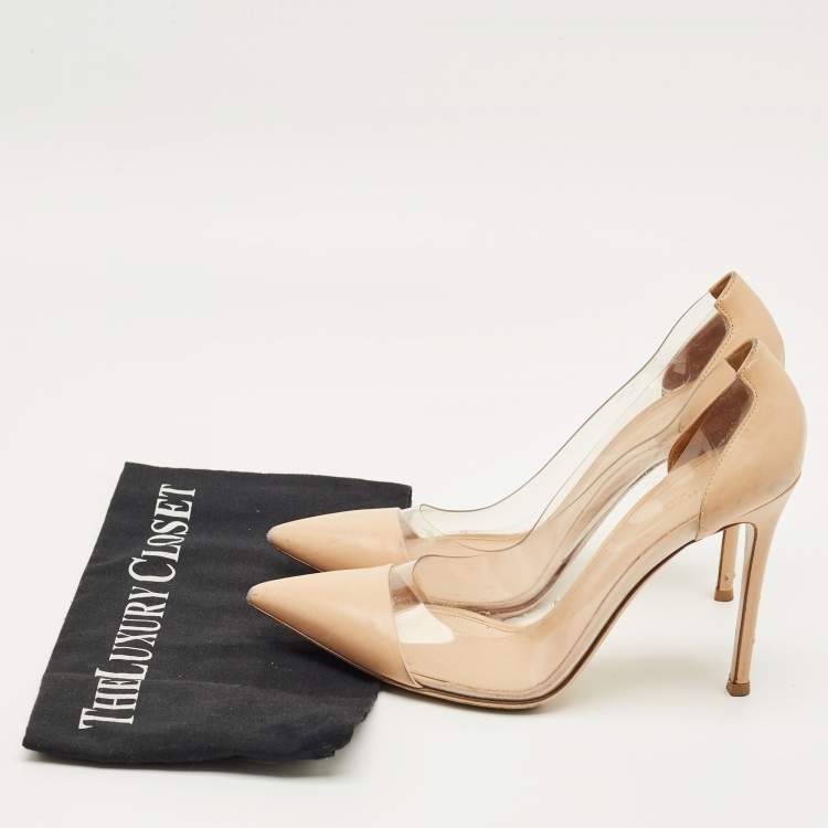 Pre Owned Gianvito Rossi Beige Leather and PVC Plexi Pointed Toe Pumps Size 39