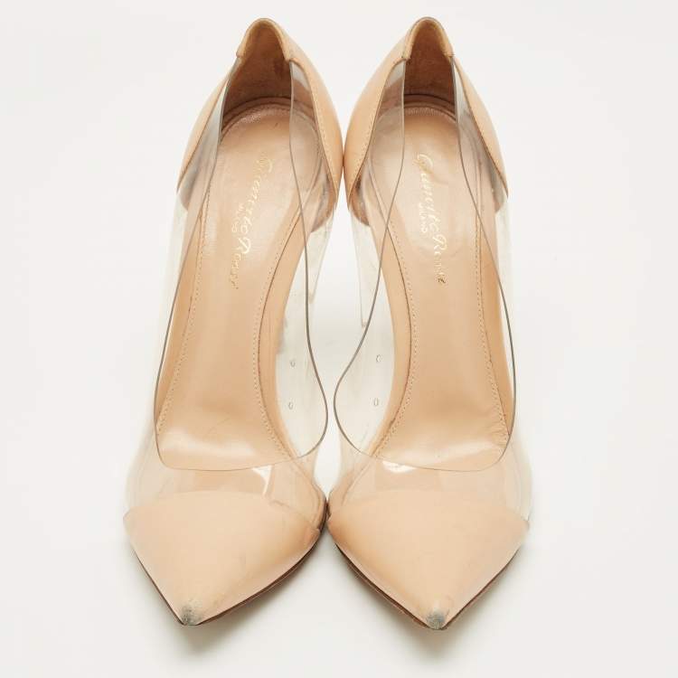 Pre Owned Gianvito Rossi Beige Leather and PVC Plexi Pointed Toe Pumps Size 39