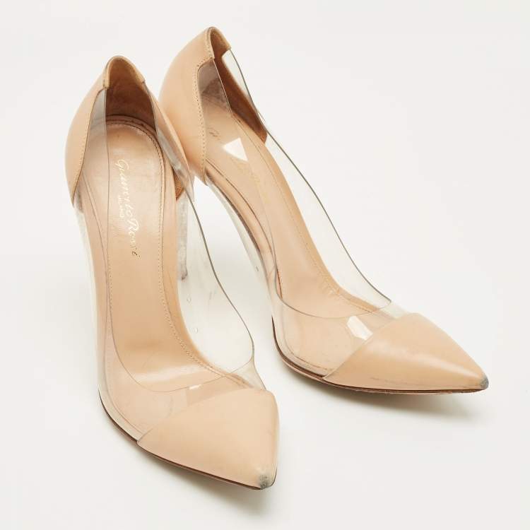 Pre Owned Gianvito Rossi Beige Leather and PVC Plexi Pointed Toe Pumps Size 39