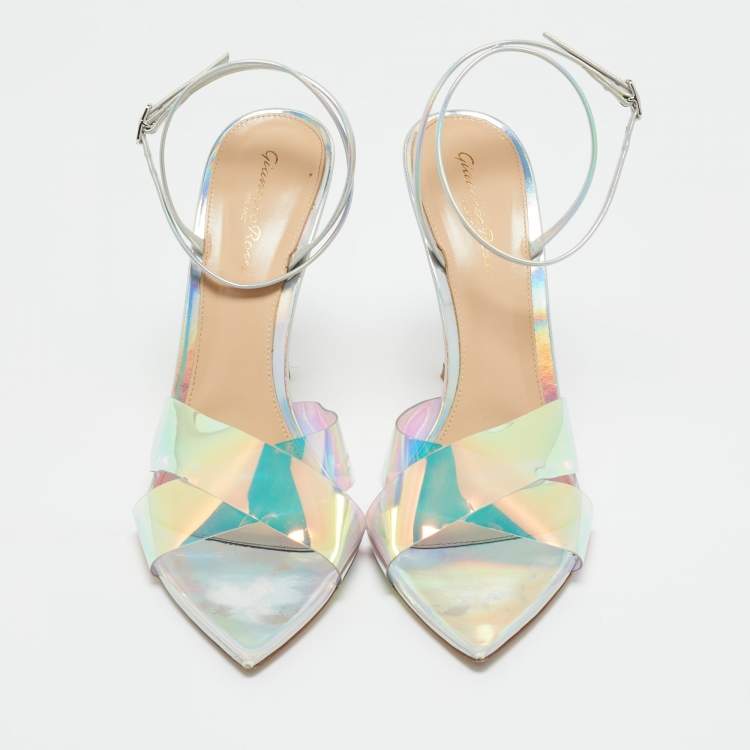 Pre Owned Gianvito Rossi Iridescent Silver Patent Leather and PVC Plexi Stark Ankle Strap Sandals Size 40