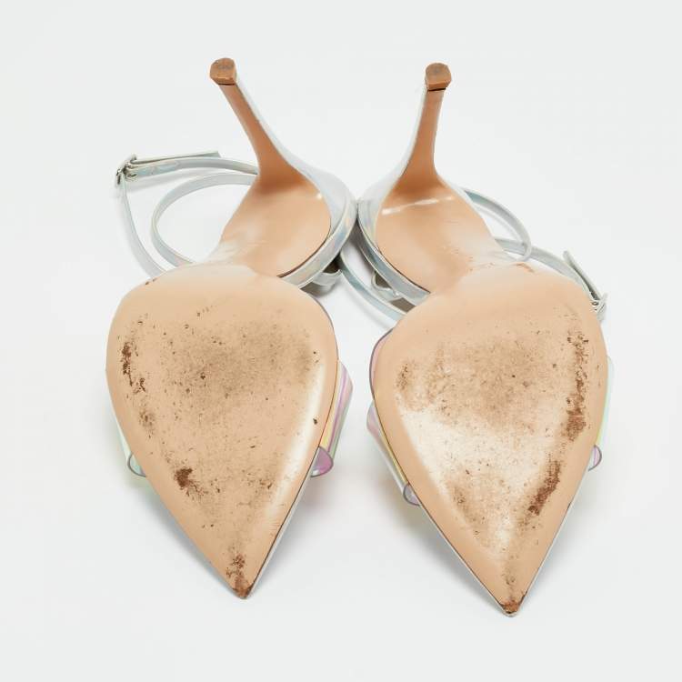 Pre Owned Gianvito Rossi Iridescent Silver Patent Leather and PVC Plexi Stark Ankle Strap Sandals Size 40