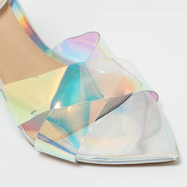 Pre Owned Gianvito Rossi Iridescent Silver Patent Leather and PVC Plexi Stark Ankle Strap Sandals Size 40