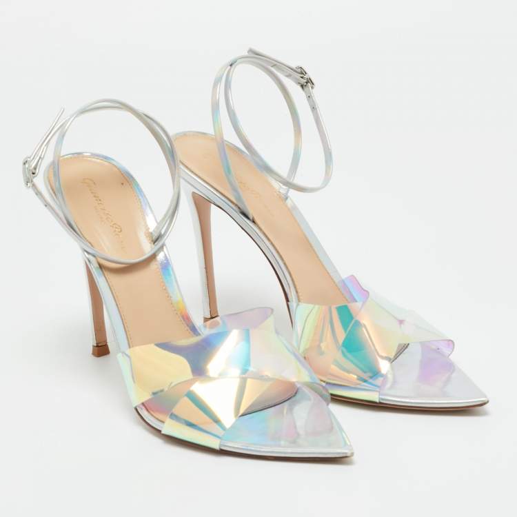 Pre Owned Gianvito Rossi Iridescent Silver Patent Leather and PVC Plexi Stark Ankle Strap Sandals Size 40