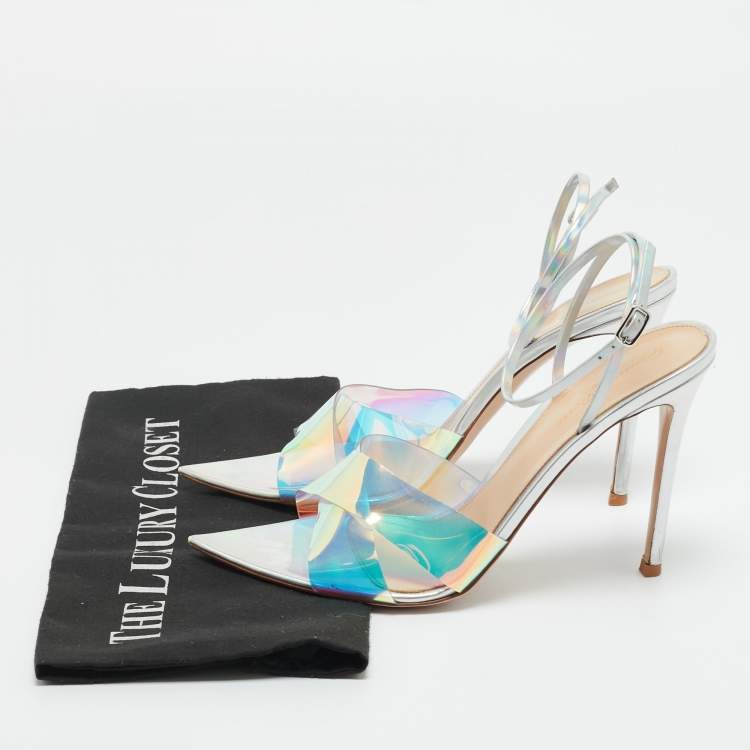 Pre Owned Gianvito Rossi Iridescent Silver Patent Leather and PVC Plexi Stark Ankle Strap Sandals Size 40