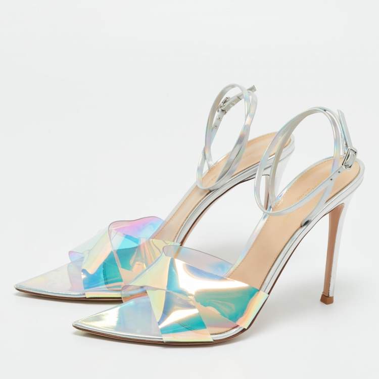 Pre Owned Gianvito Rossi Iridescent Silver Patent Leather and PVC Plexi Stark Ankle Strap Sandals Size 40