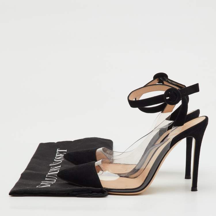 Pre Owned Gianvito Rossi Black/Transparent Suede and PVC Anise Ankle Strap Pumps Size 37