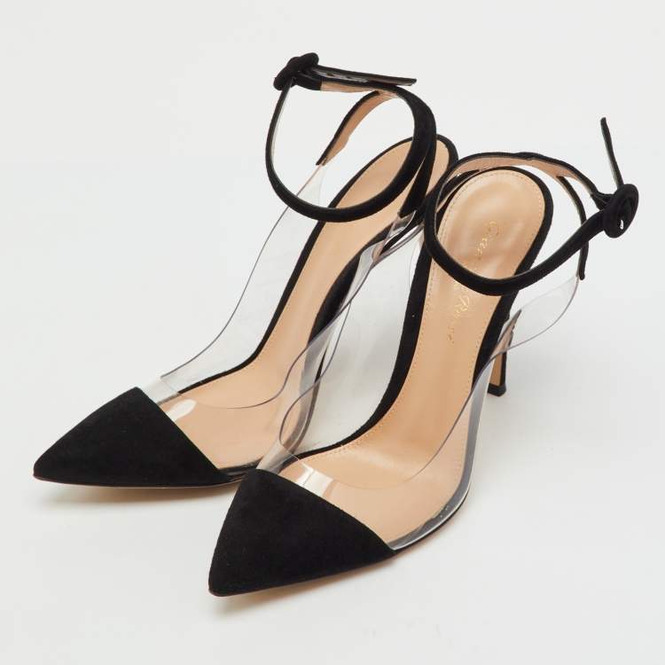 Pre Owned Gianvito Rossi Black/Transparent Suede and PVC Anise Ankle Strap Pumps Size 37