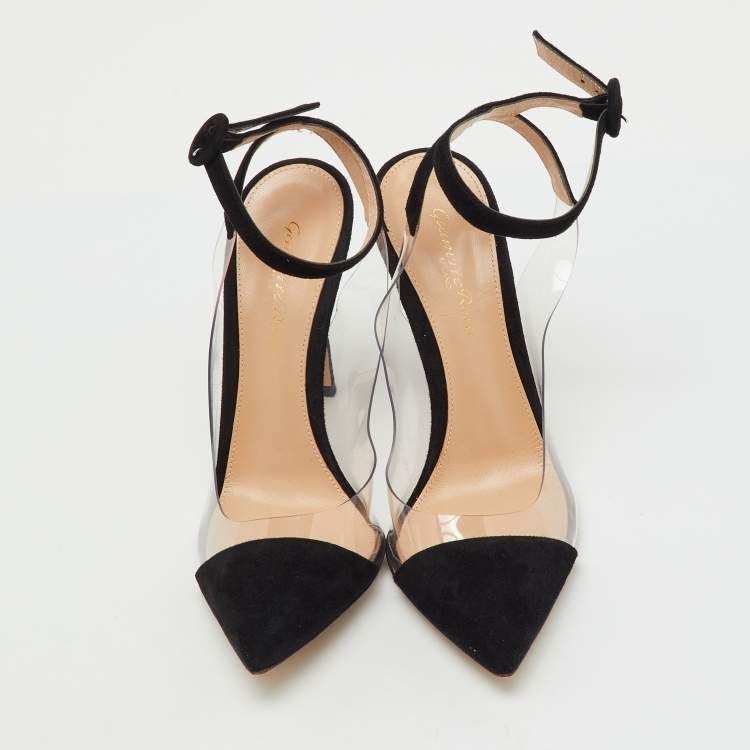 Pre Owned Gianvito Rossi Black/Transparent Suede and PVC Anise Ankle Strap Pumps Size 37