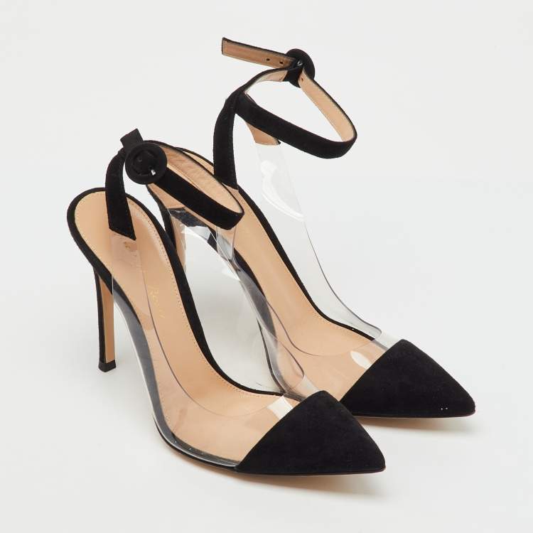 Pre Owned Gianvito Rossi Black/Transparent Suede and PVC Anise Ankle Strap Pumps Size 37