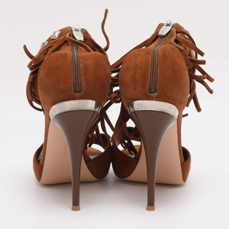 Pre Owned Gianvito Rossi Brown Suede Fringe Ankle Wrap Sandals Size 38.5