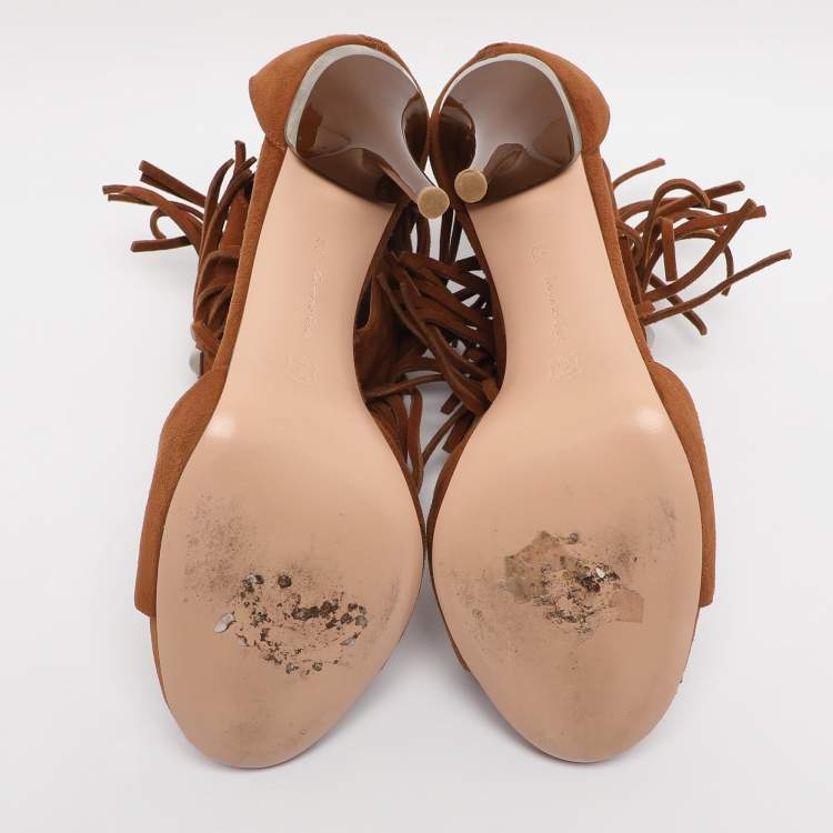 Pre Owned Gianvito Rossi Brown Suede Fringe Ankle Wrap Sandals Size 38.5