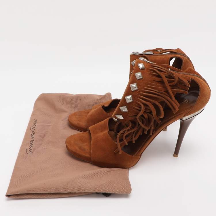 Pre Owned Gianvito Rossi Brown Suede Fringe Ankle Wrap Sandals Size 38.5
