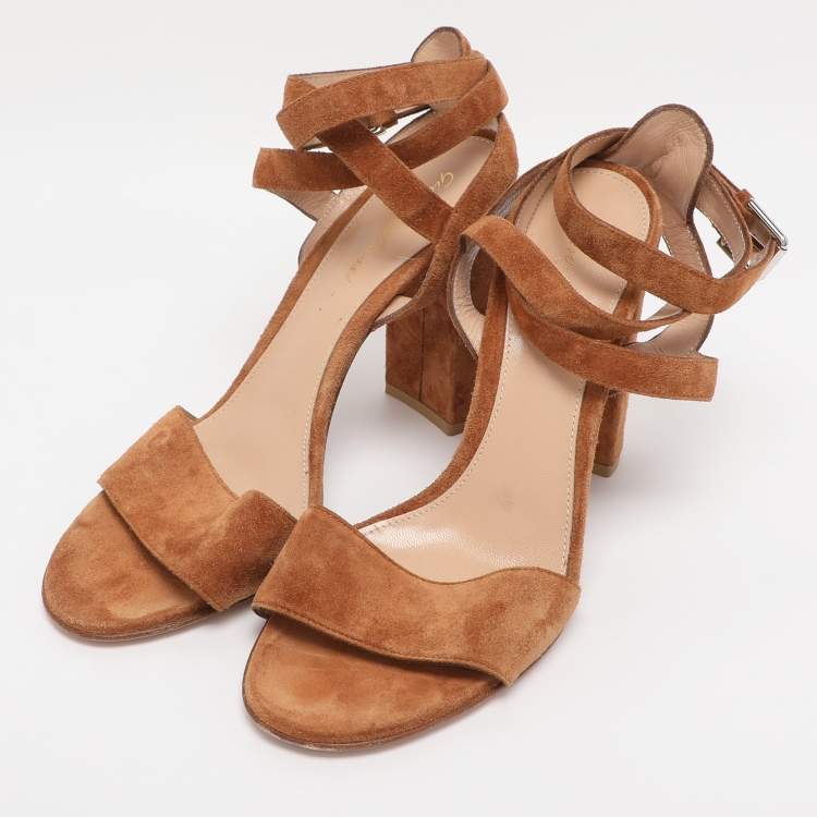 Pre Owned Gianvito Rossi Brown Suede Ankle Strap Sandals Size 38.5