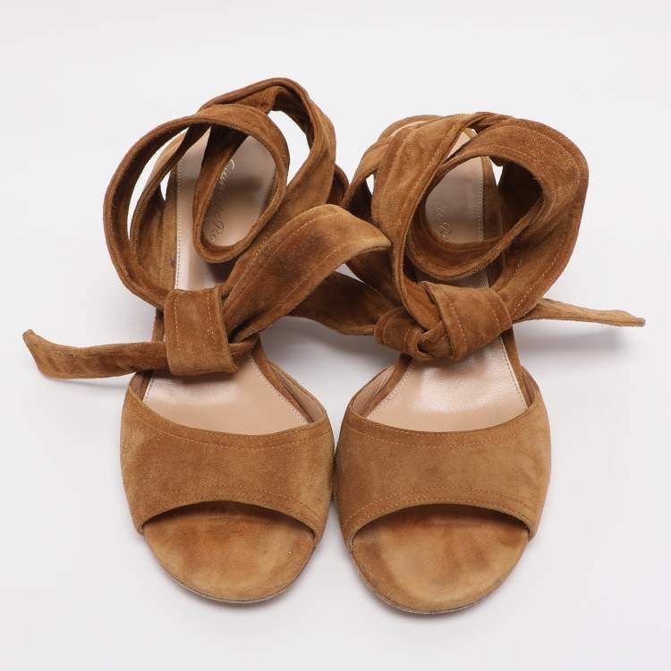 Pre Owned Gianvito Rossi Brown Suede Ankle Wrap Sandals Size 38.5