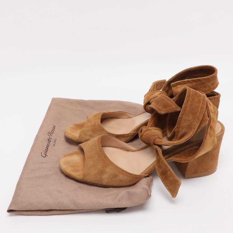 Pre Owned Gianvito Rossi Brown Suede Ankle Wrap Sandals Size 38.5