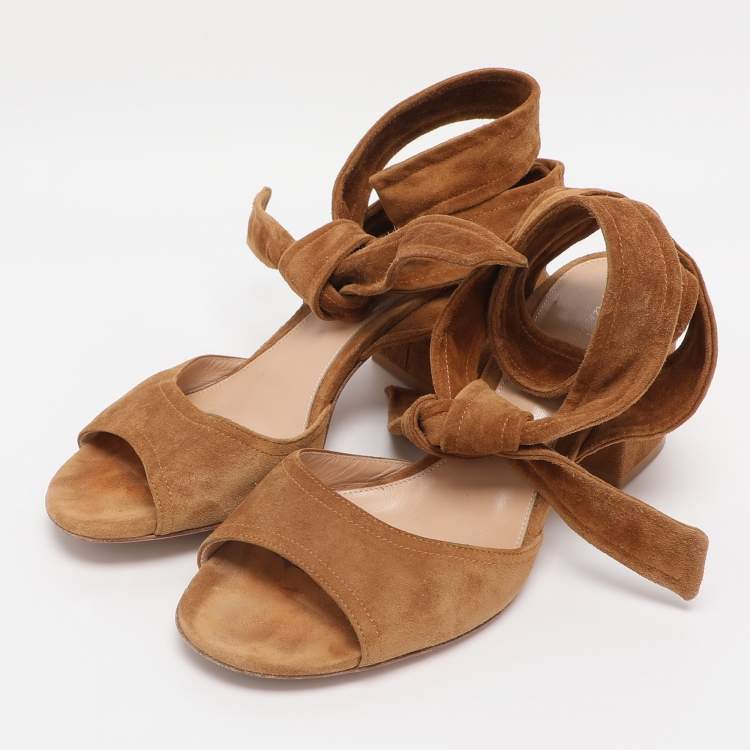 Pre Owned Gianvito Rossi Brown Suede Ankle Wrap Sandals Size 38.5