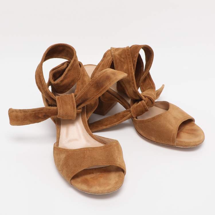 Pre Owned Gianvito Rossi Brown Suede Ankle Wrap Sandals Size 38.5