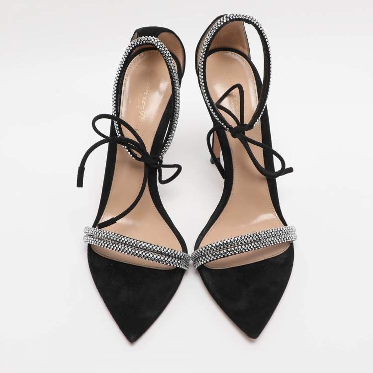 Pre Owned Gianvito Rossi Black Suede Montecarlo Crystal Embellished Ankle Strap Sandals Size 39