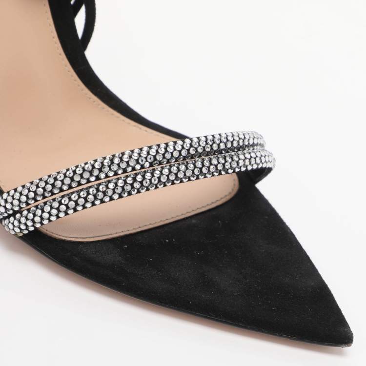 Pre Owned Gianvito Rossi Black Suede Montecarlo Crystal Embellished Ankle Strap Sandals Size 39