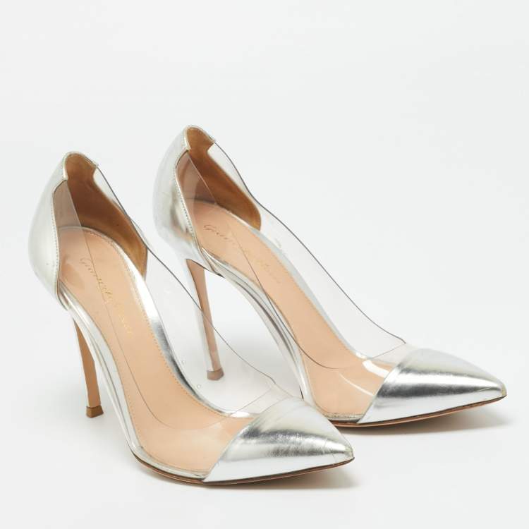 Pre Owned Gianvito Rossi Silver/Transparent  Leather and PVC Plexi Pumps Size 37.5