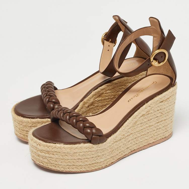 Pre Owned Gianvito Rossi Brown Braided Leather Merida Espadrille Wedge Sandals Size 36.5