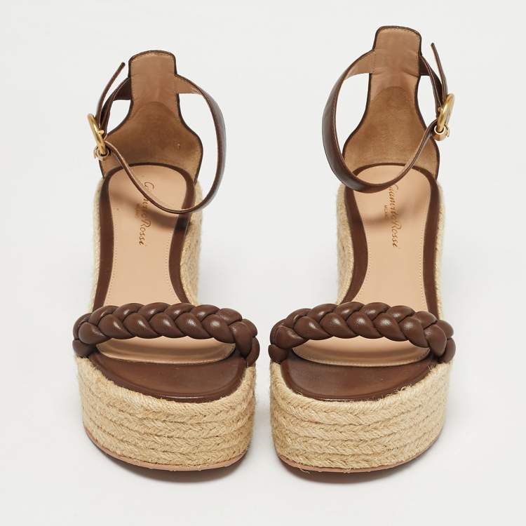 Pre Owned Gianvito Rossi Brown Braided Leather Merida Espadrille Wedge Sandals Size 36.5