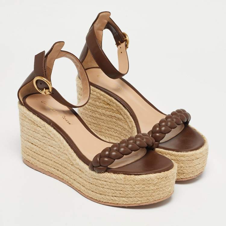 Pre Owned Gianvito Rossi Brown Braided Leather Merida Espadrille Wedge Sandals Size 36.5