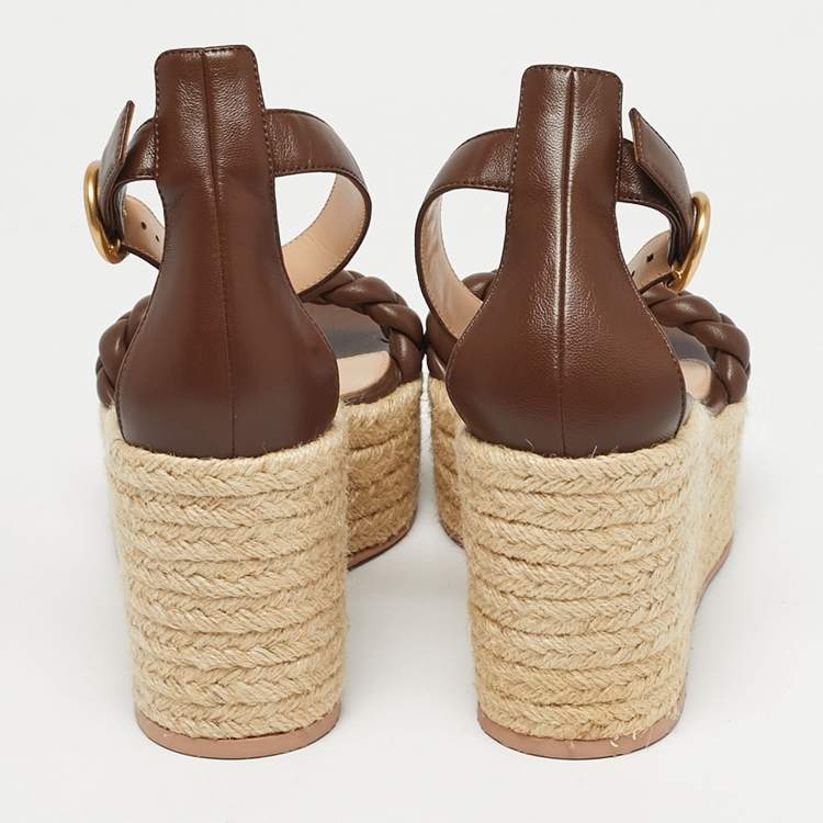 Pre Owned Gianvito Rossi Brown Braided Leather Merida Espadrille Wedge Sandals Size 36.5