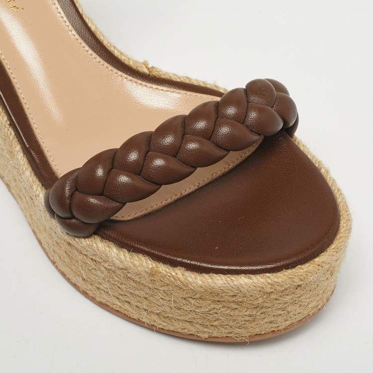 Pre Owned Gianvito Rossi Brown Braided Leather Merida Espadrille Wedge Sandals Size 36.5