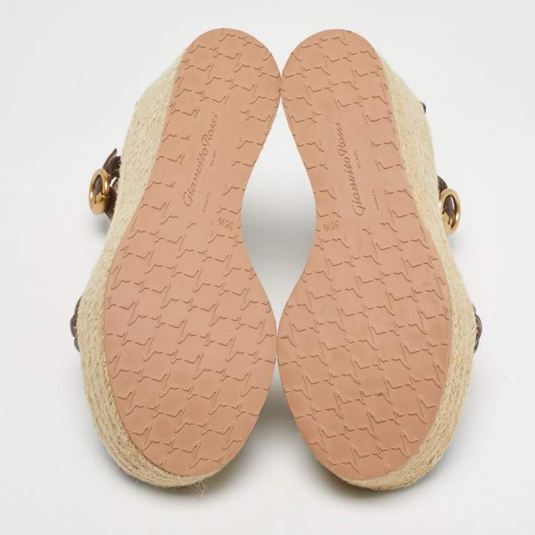 Pre Owned Gianvito Rossi Brown Braided Leather Merida Espadrille Wedge Sandals Size 36.5
