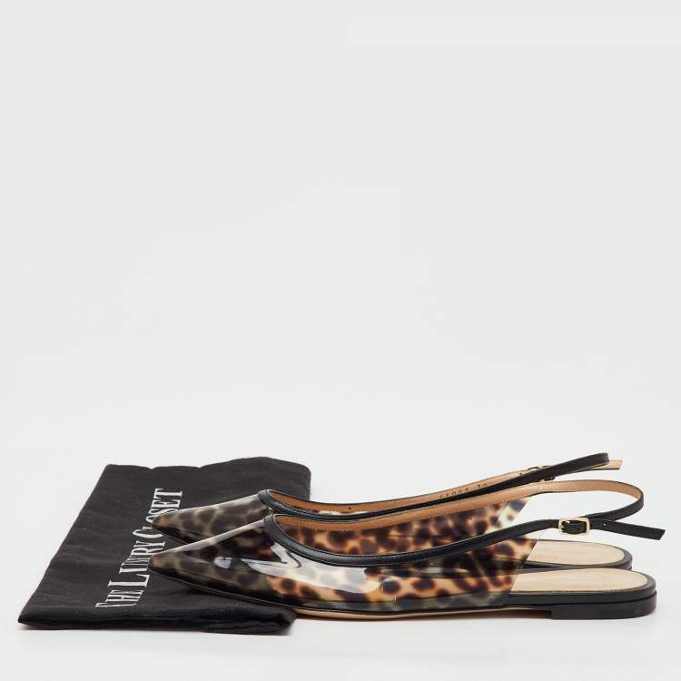 Pre Owned Gianvito Rossi Black/Brown PVC Animal Print Slingback Flats Size 38.5