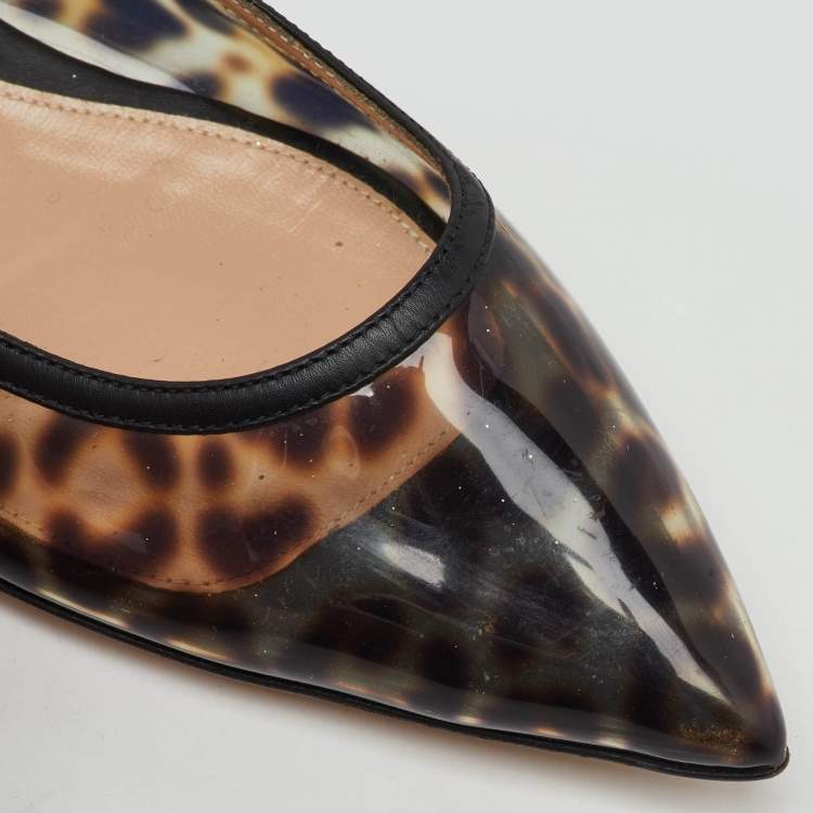 Pre Owned Gianvito Rossi Black/Brown PVC Animal Print Slingback Flats Size 38.5