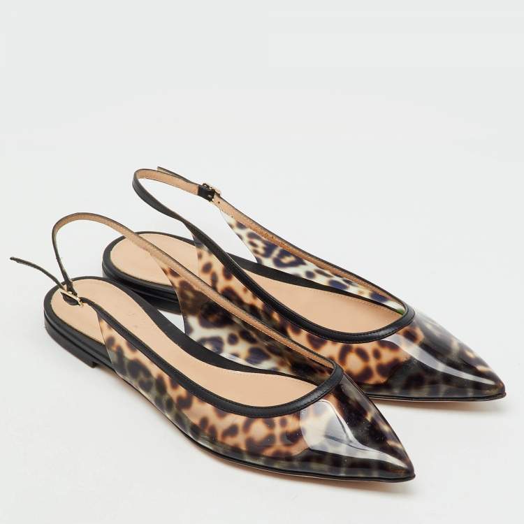 Pre Owned Gianvito Rossi Black/Brown PVC Animal Print Slingback Flats Size 38.5