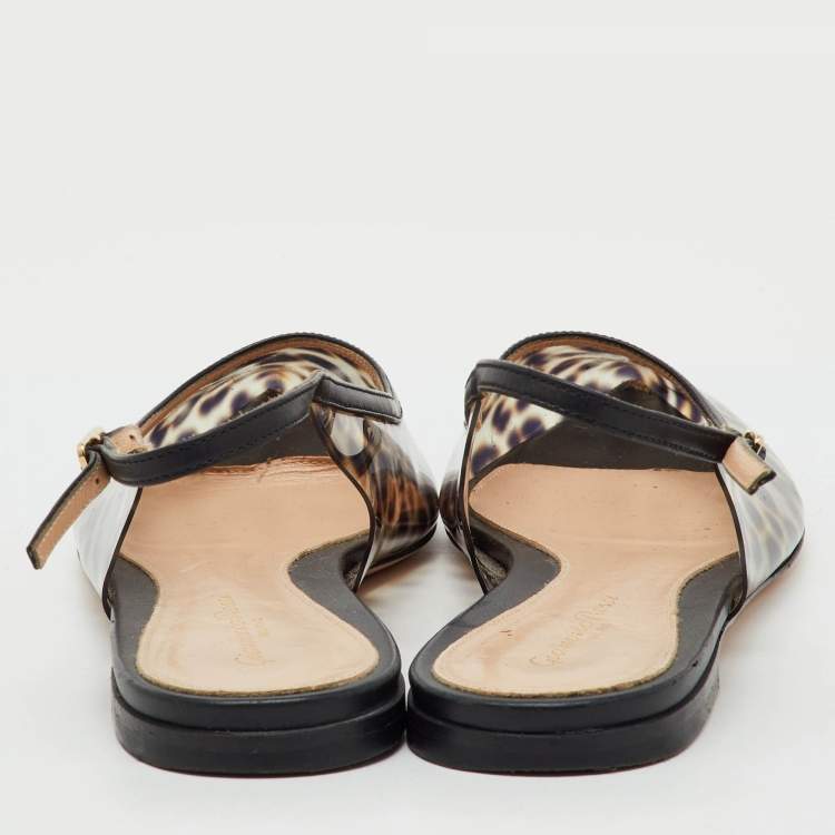 Pre Owned Gianvito Rossi Black/Brown PVC Animal Print Slingback Flats Size 38.5