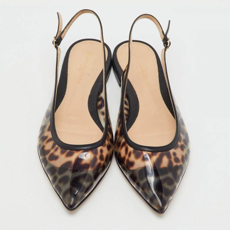 Pre Owned Gianvito Rossi Black/Brown PVC Animal Print Slingback Flats Size 38.5