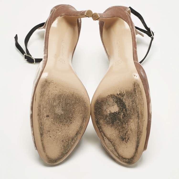 Pre Owned Gianvito Rossi Beige Velvet Peep Toe Ankle Strap Pumps Size 40.5